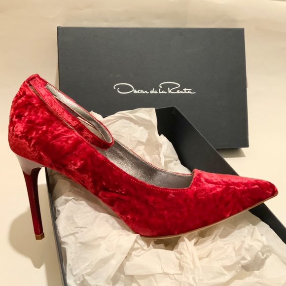 Oscar de la Renta Shoe Red Velvet Heels Stiletto Heel Dress Designer Shoes 37.5 - Picture 5 of 16